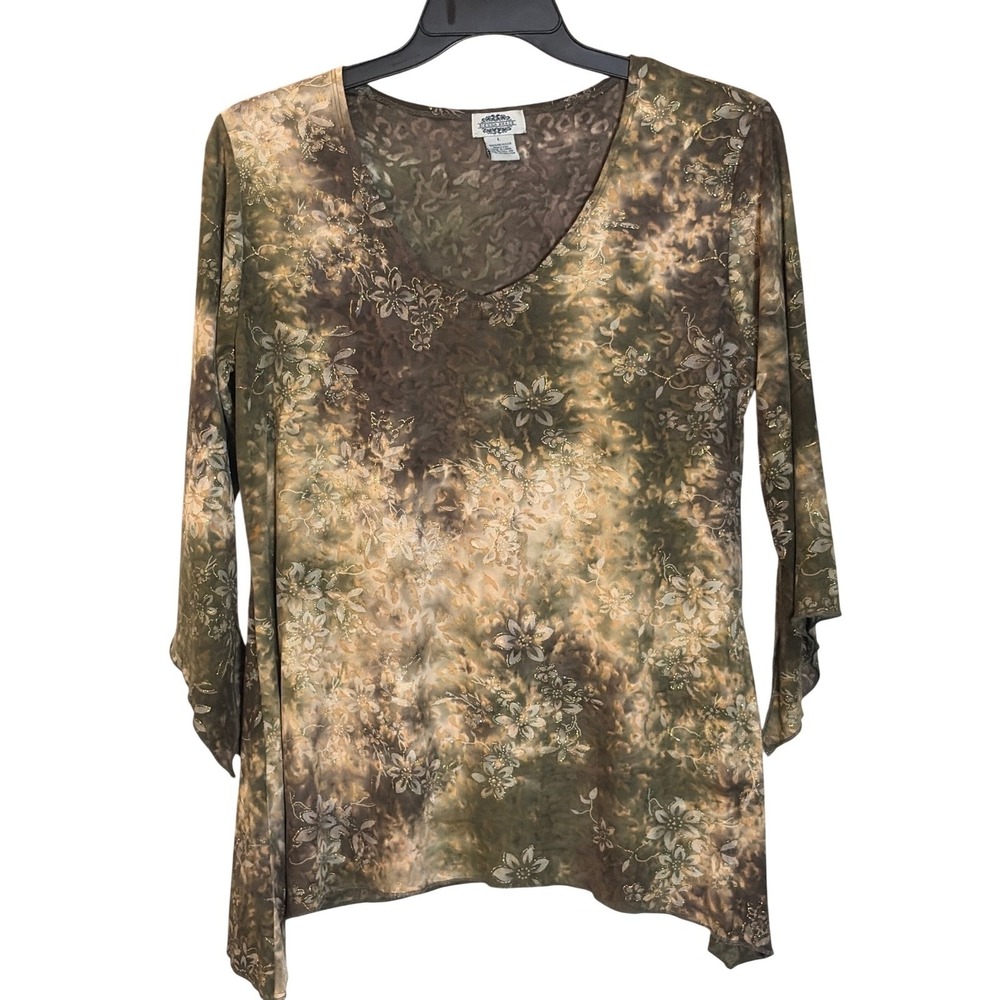 Sienna Grace Olive Green Floral Metallic Sharkbite V-Neck Tunic Top Large